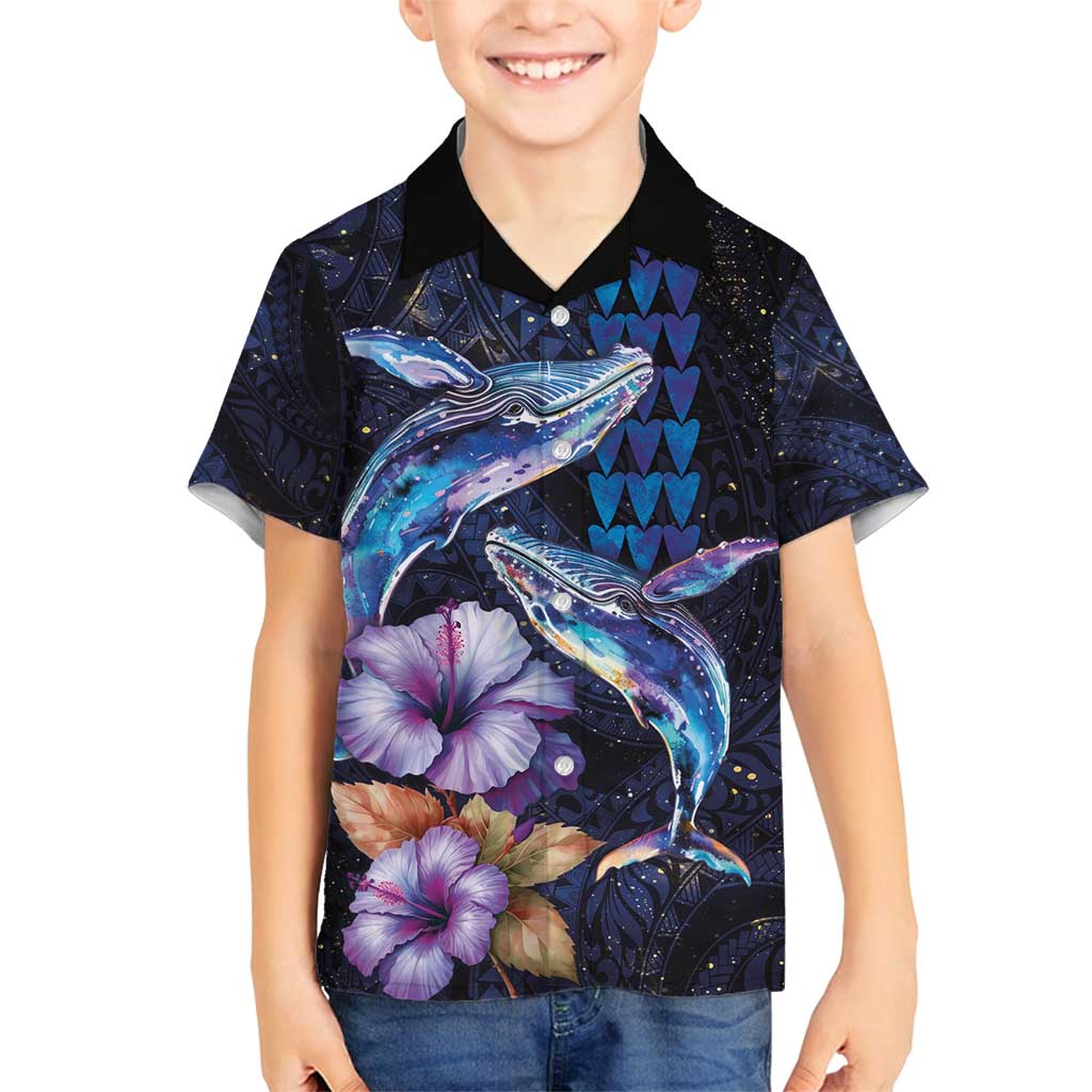Hawaiian Whales Love Couple Family Matching Tank Maxi Dress and Hawaiian Shirt Hibiscus and Kakau Art Tattoo Night Sky Vibe LT03 Son's Shirt Navy - Polynesian Pride