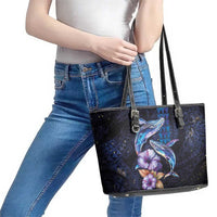 Hawaiian Whales Love Couple Leather Tote Bag Hibiscus and Kakau Art Tattoo Night Sky Vibe