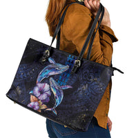 Hawaiian Whales Love Couple Leather Tote Bag Hibiscus and Kakau Art Tattoo Night Sky Vibe