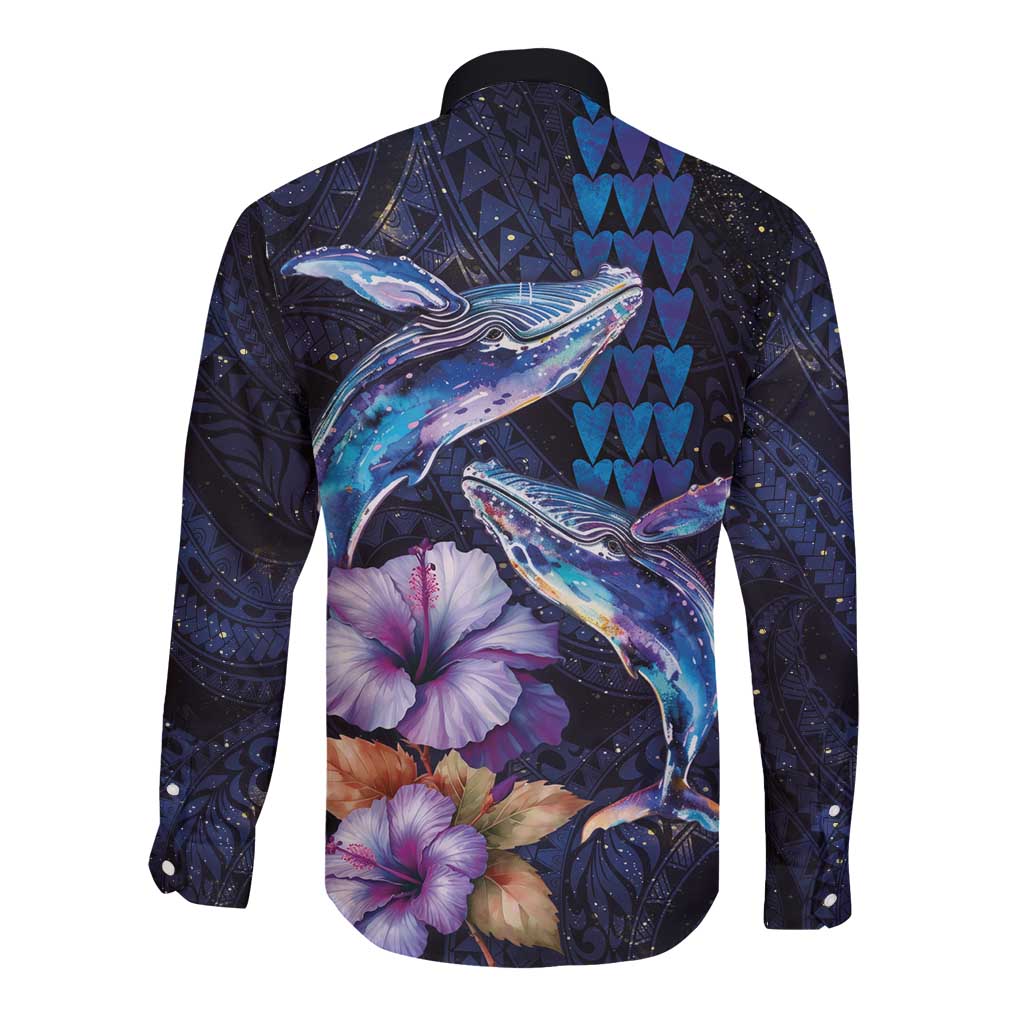 Hawaiian Whales Love Couple Long Sleeve Button Shirt Hibiscus and Kakau Art Tattoo Night Sky Vibe