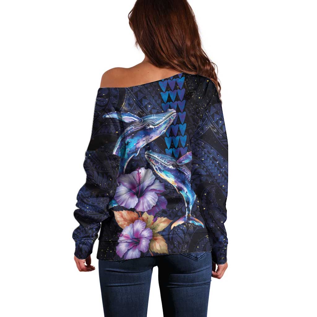 Hawaiian Whales Love Couple Off Shoulder Sweater Hibiscus and Kakau Art Tattoo Night Sky Vibe