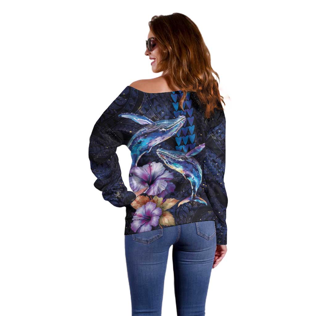 Hawaiian Whales Love Couple Off Shoulder Sweater Hibiscus and Kakau Art Tattoo Night Sky Vibe