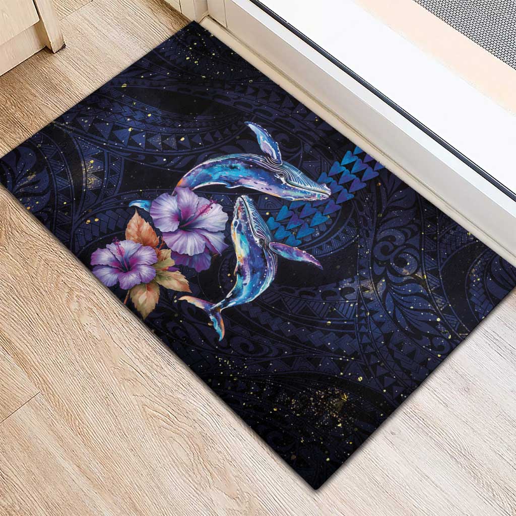 Hawaiian Whales Love Couple Rubber Doormat Hibiscus and Kakau Art Tattoo Night Sky Vibe