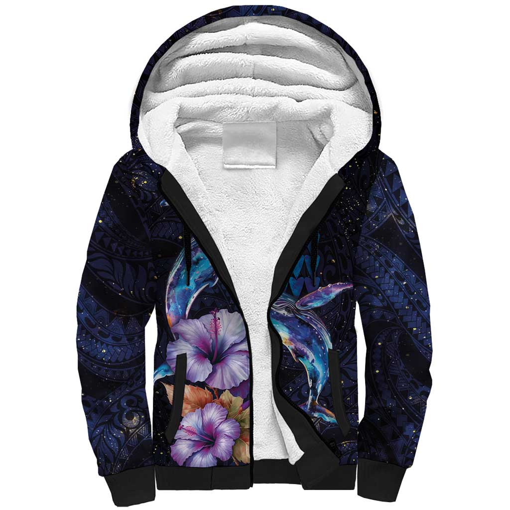 Hawaiian Whales Love Couple Sherpa Hoodie Hibiscus and Kakau Art Tattoo Night Sky Vibe LT03 Unisex Navy - Polynesian Pride