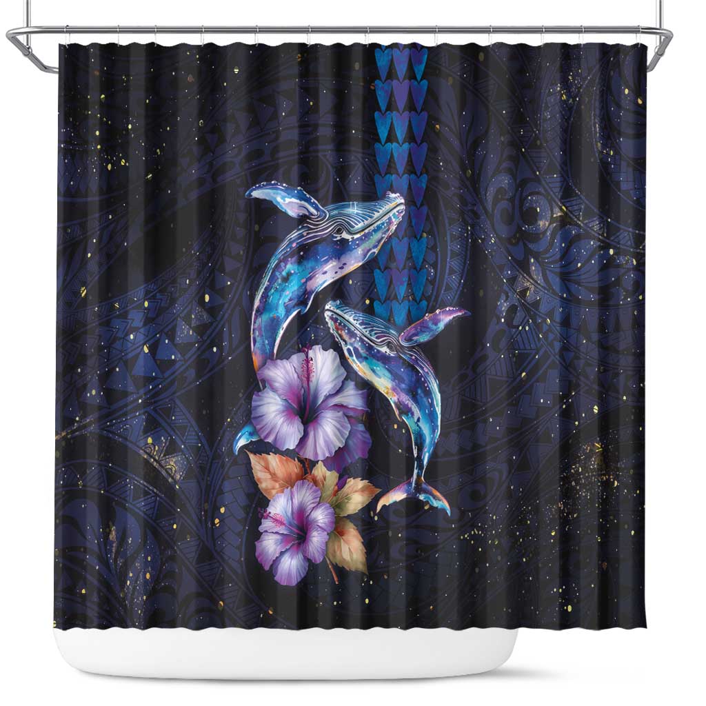 Hawaiian Whales Love Couple Shower Curtain Hibiscus and Kakau Art Tattoo Night Sky Vibe LT03 Navy - Polynesian Pride