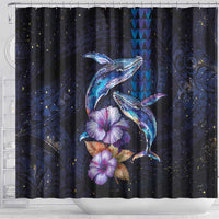 Hawaiian Whales Love Couple Shower Curtain Hibiscus and Kakau Art Tattoo Night Sky Vibe