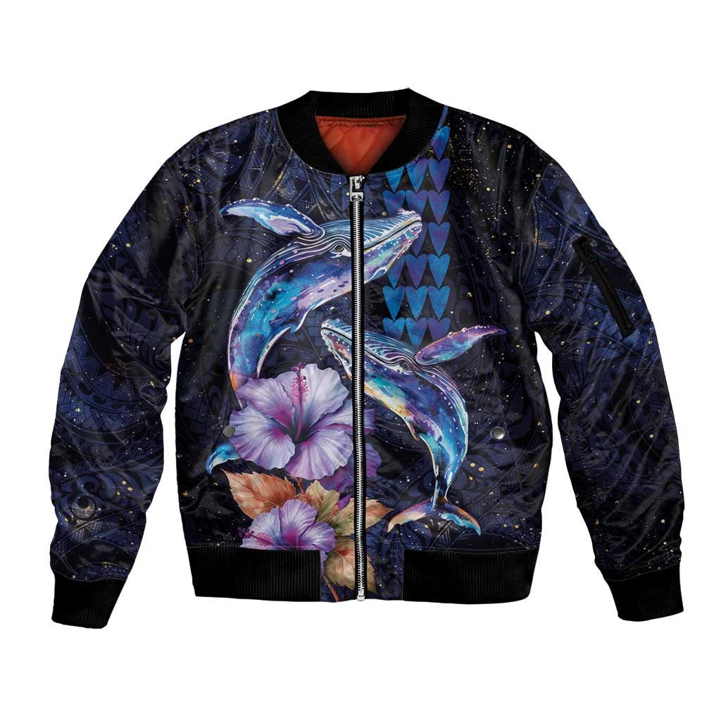 Hawaiian Whales Love Couple Sleeve Zip Bomber Jacket Hibiscus and Kakau Art Tattoo Night Sky Vibe LT03 Unisex Navy - Polynesian Pride