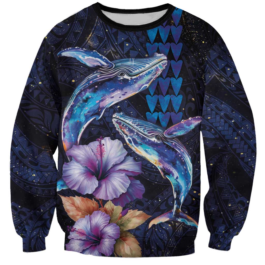 Hawaiian Whales Love Couple Sweatshirt Hibiscus and Kakau Art Tattoo Night Sky Vibe LT03 Unisex Navy - Polynesian Pride