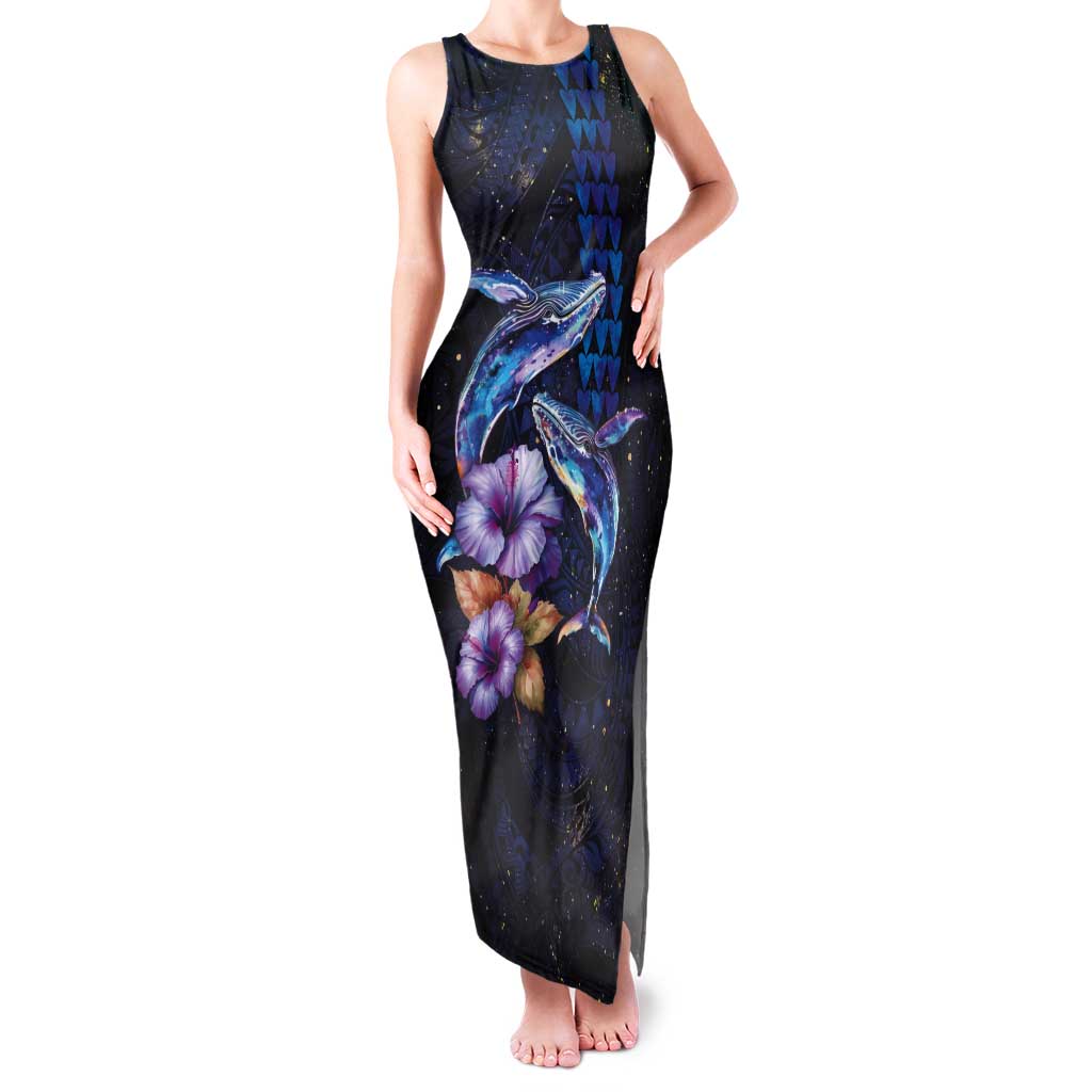 Hawaiian Whales Love Couple Tank Maxi Dress Hibiscus and Kakau Art Tattoo Night Sky Vibe LT03 Women Navy - Polynesian Pride