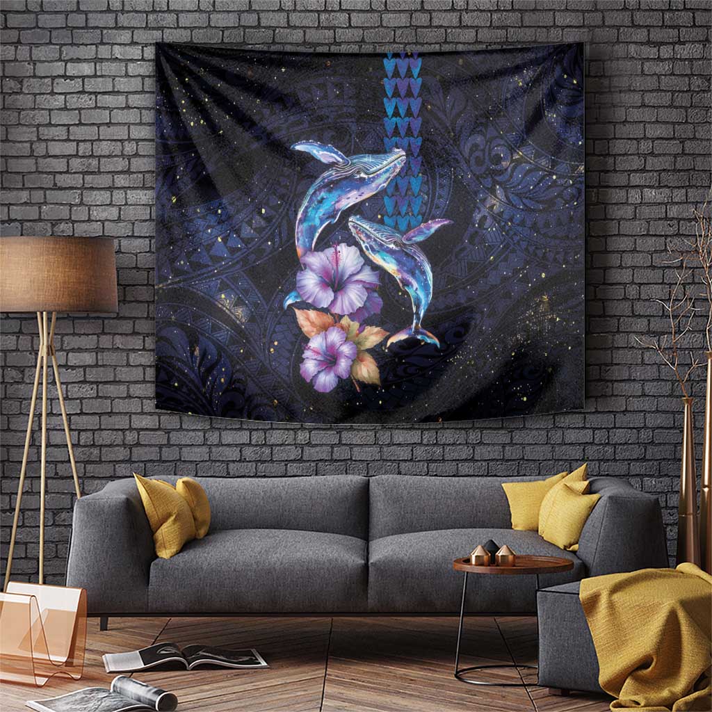 Hawaiian Whales Love Couple Tapestry Hibiscus and Kakau Art Tattoo Night Sky Vibe LT03 Navy - Polynesian Pride
