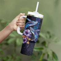 Hawaiian Whales Love Couple Tumbler With Handle Hibiscus and Kakau Art Tattoo Night Sky Vibe