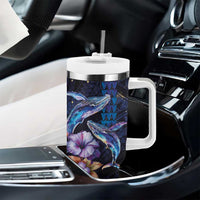Hawaiian Whales Love Couple Tumbler With Handle Hibiscus and Kakau Art Tattoo Night Sky Vibe