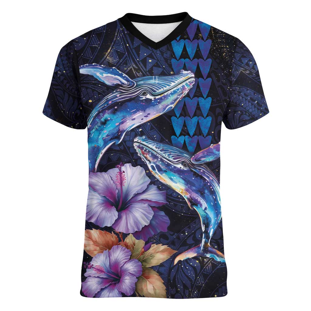 Hawaiian Whales Love Couple Women V-Neck T-Shirt Hibiscus and Kakau Art Tattoo Night Sky Vibe LT03 Female Navy - Polynesian Pride
