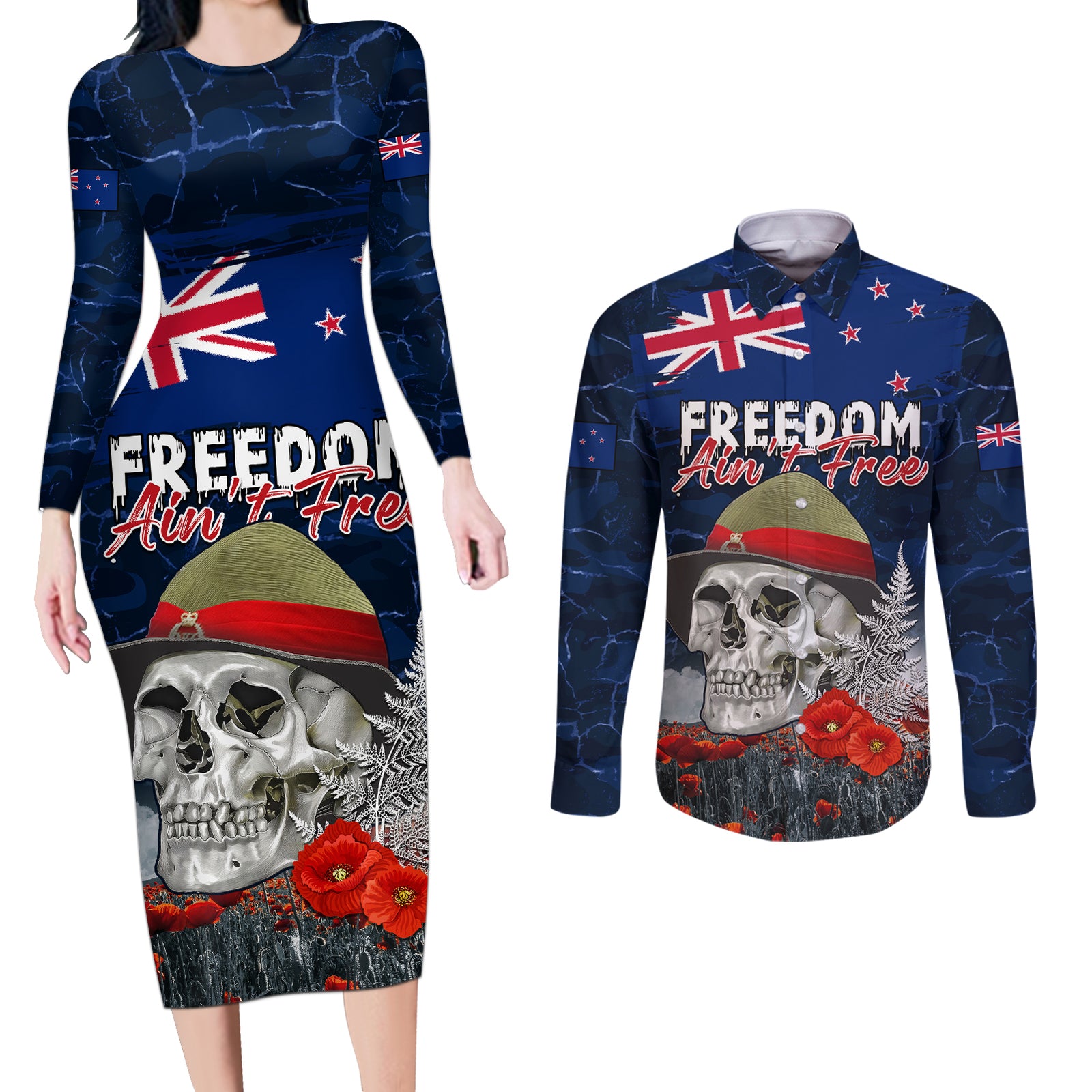 New Zealand ANZAC Day Couples Matching Long Sleeve Bodycon Dress and Long Sleeve Button Shirt Freedom Ain't Free LT05 Blue - Polynesian Pride