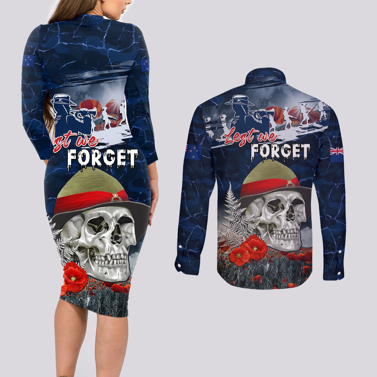 New Zealand ANZAC Day Couples Matching Long Sleeve Bodycon Dress and Long Sleeve Button Shirt Freedom Ain't Free LT05 - Polynesian Pride