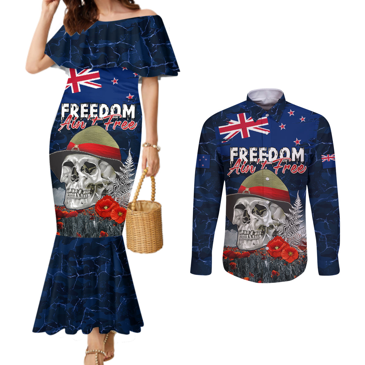 New Zealand ANZAC Day Couples Matching Mermaid Dress and Long Sleeve Button Shirt Freedom Ain't Free LT05 Blue - Polynesian Pride