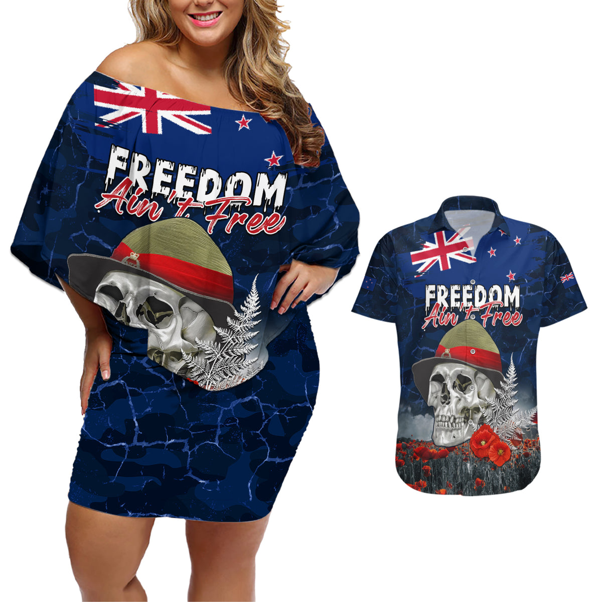 New Zealand ANZAC Day Couples Matching Off Shoulder Short Dress and Hawaiian Shirt Freedom Ain't Free LT05 Blue - Polynesian Pride