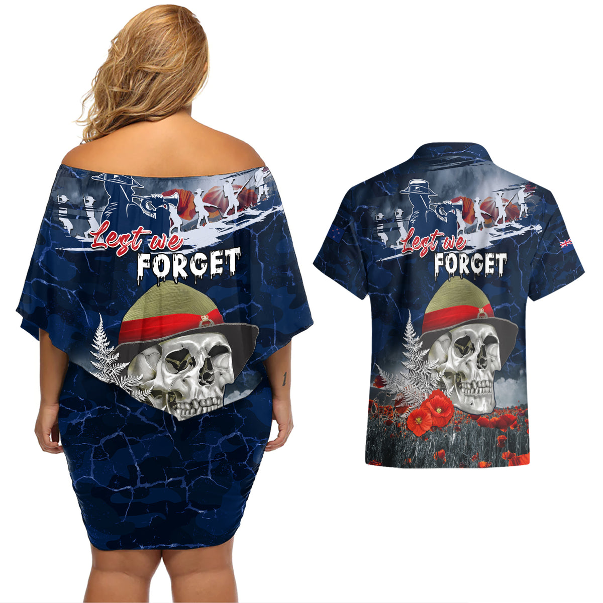New Zealand ANZAC Day Couples Matching Off Shoulder Short Dress and Hawaiian Shirt Freedom Ain't Free LT05 - Polynesian Pride