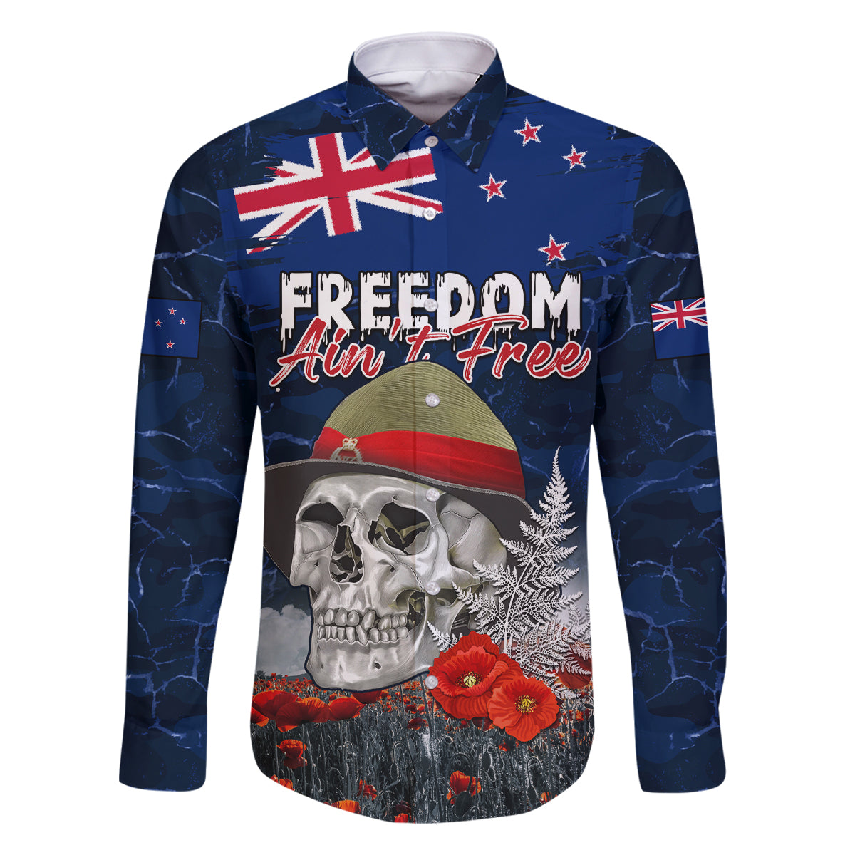 New Zealand ANZAC Day Family Matching Off Shoulder Maxi Dress and Hawaiian Shirt Freedom Ain't Free LT05 Dad's Shirt - Long Sleeve Blue - Polynesian Pride