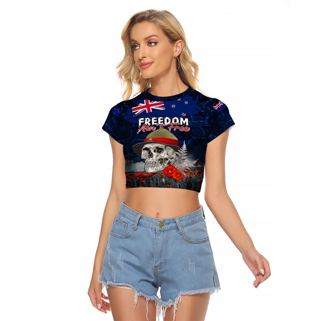 New Zealand ANZAC Day Raglan Cropped T Shirt Freedom Ain't Free LT05 Female Blue - Polynesian Pride