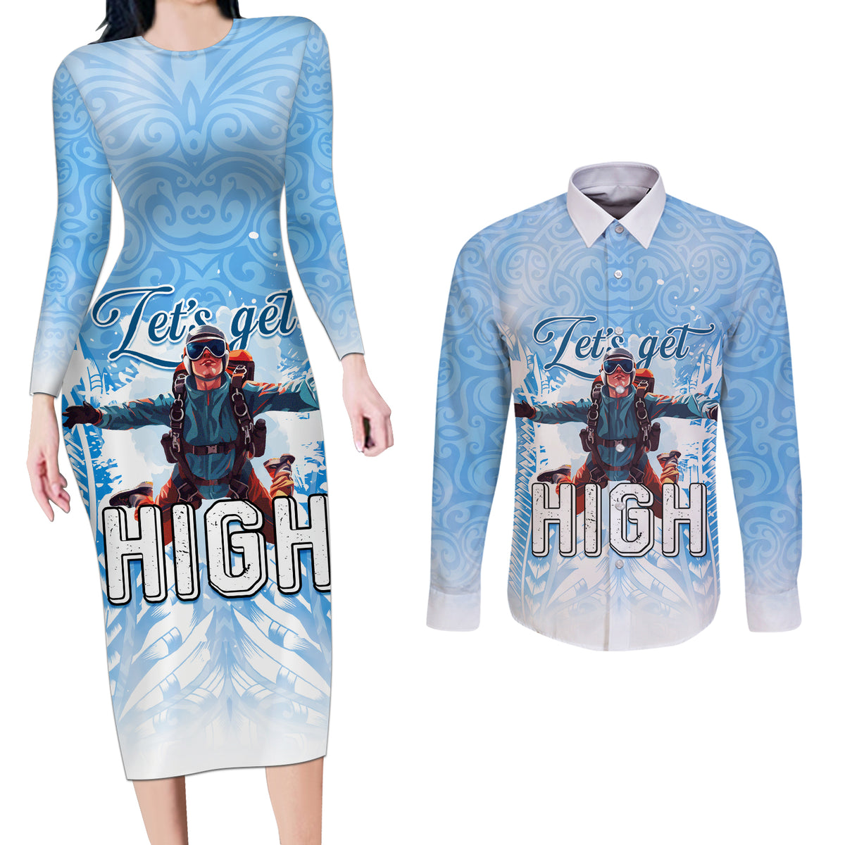 New Zealand Sky Diving Couples Matching Long Sleeve Bodycon Dress and Long Sleeve Button Shirt Lets Get High