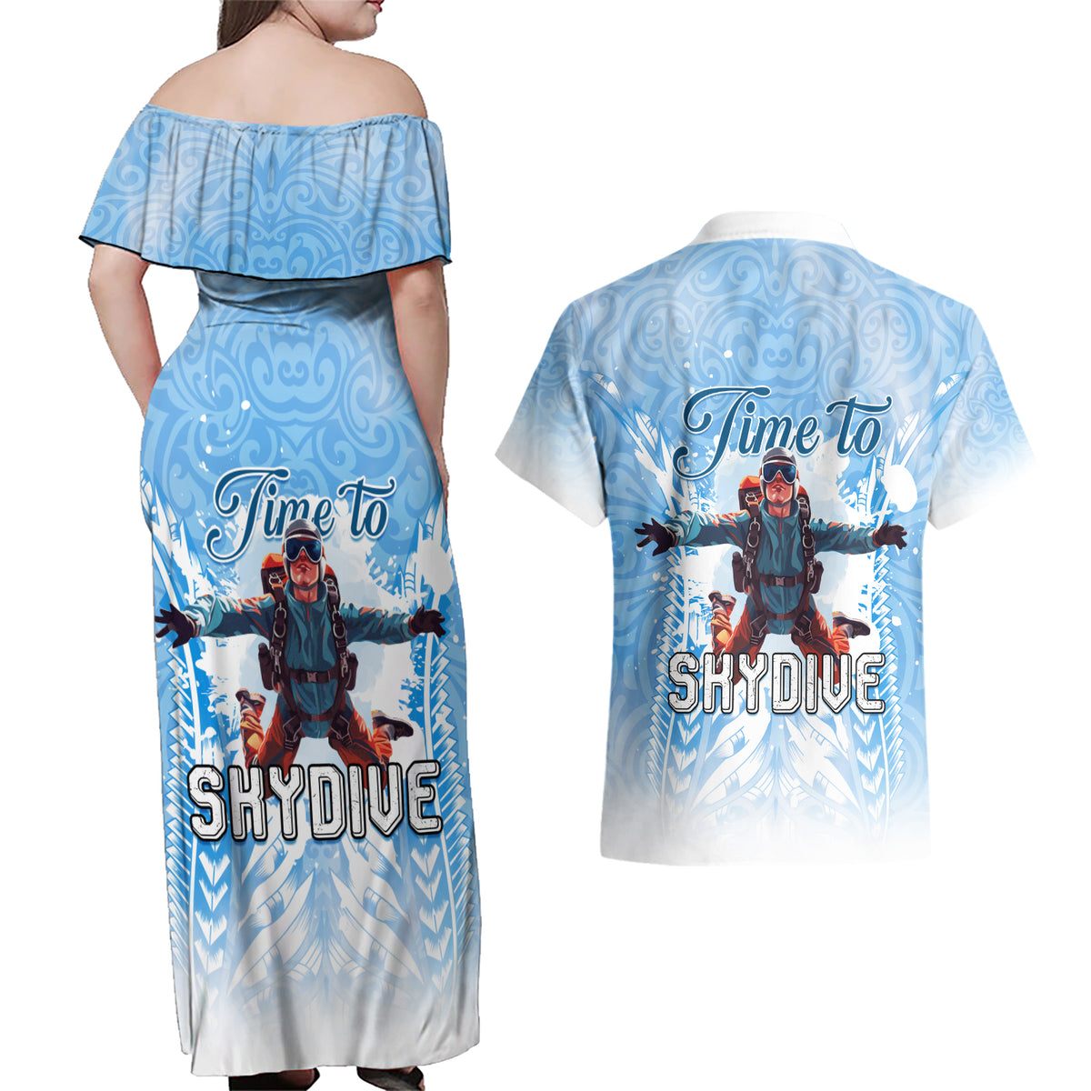 New Zealand Sky Diving Couples Matching Off Shoulder Maxi Dress and Hawaiian Shirt Lets Get High
