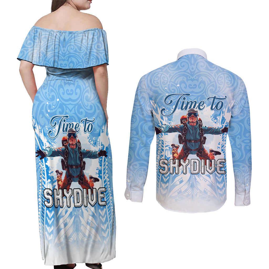 New Zealand Sky Diving Couples Matching Off Shoulder Maxi Dress and Long Sleeve Button Shirt Lets Get High
