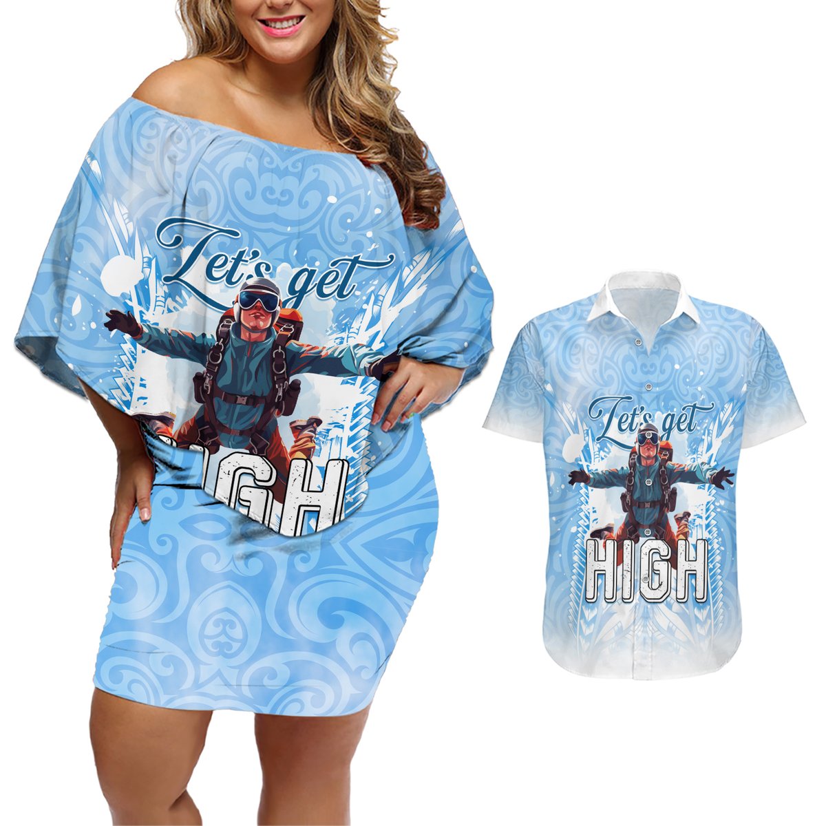 New Zealand Sky Diving Couples Matching Off Shoulder Short Dress and Hawaiian Shirt Lets Get High