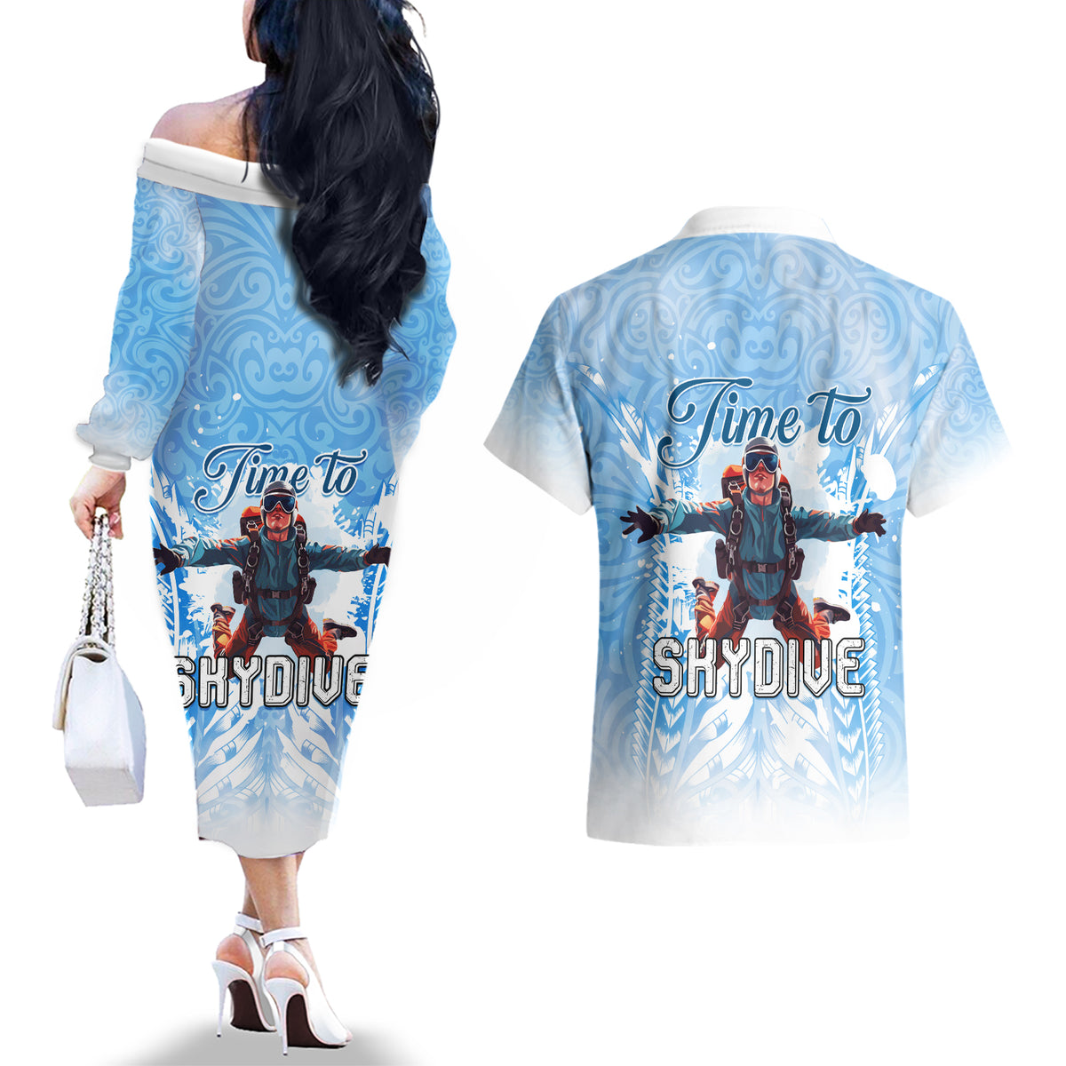 New Zealand Sky Diving Couples Matching Off The Shoulder Long Sleeve Dress and Hawaiian Shirt Lets Get High