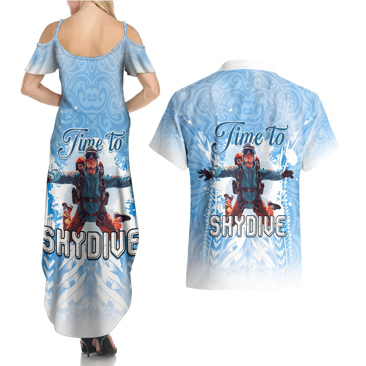 New Zealand Sky Diving Couples Matching Summer Maxi Dress and Hawaiian Shirt Lets Get High