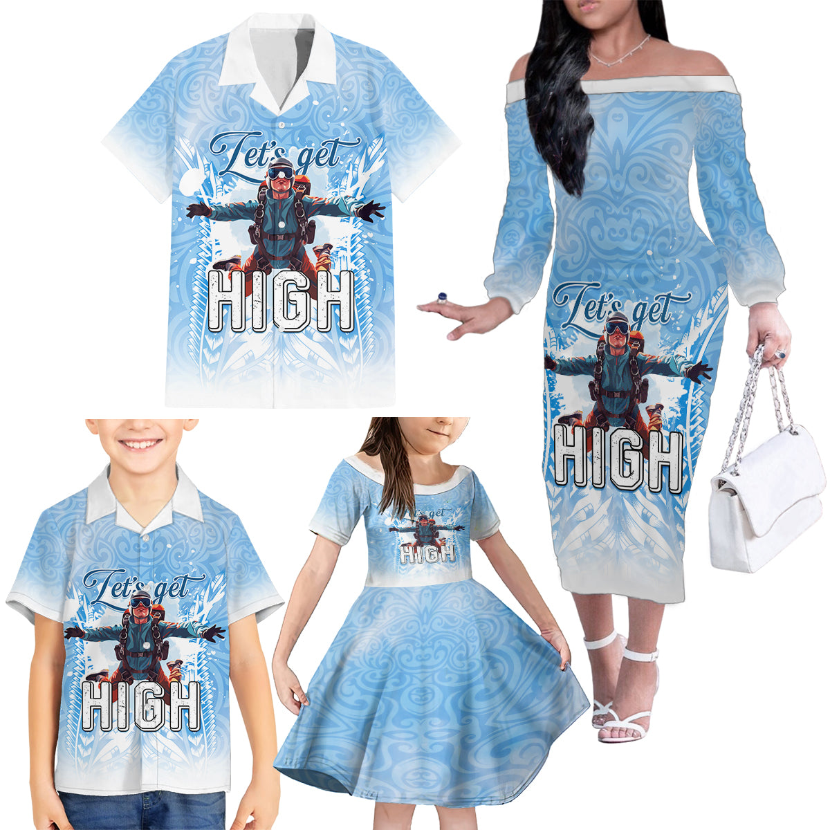 New Zealand Sky Diving Family Matching Off The Shoulder Long Sleeve Dress and Hawaiian Shirt Lets Get High LT05 - Polynesian Pride