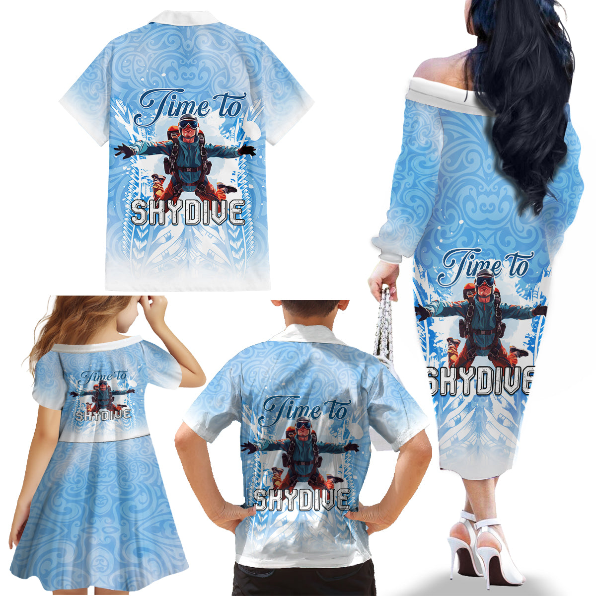 New Zealand Sky Diving Family Matching Off The Shoulder Long Sleeve Dress and Hawaiian Shirt Lets Get High