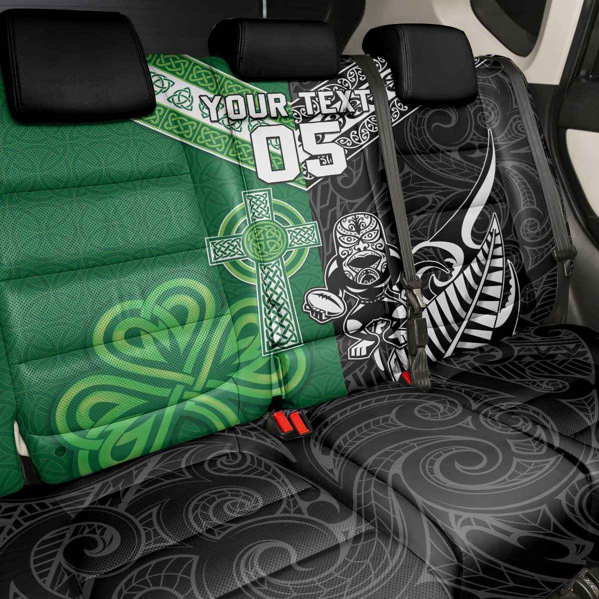 New Zealand And Ireland Rugby Custom Back Car Seat Cover Maori Tiki With Shamrock