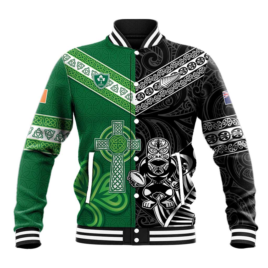 New Zealand And Ireland Rugby Custom Baseball Jacket Maori Tiki With Shamrock