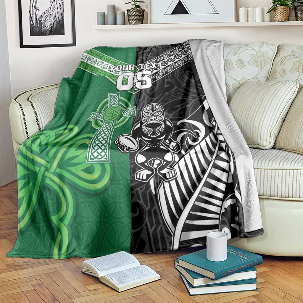New Zealand And Ireland Rugby Custom Blanket Maori Tiki With Shamrock