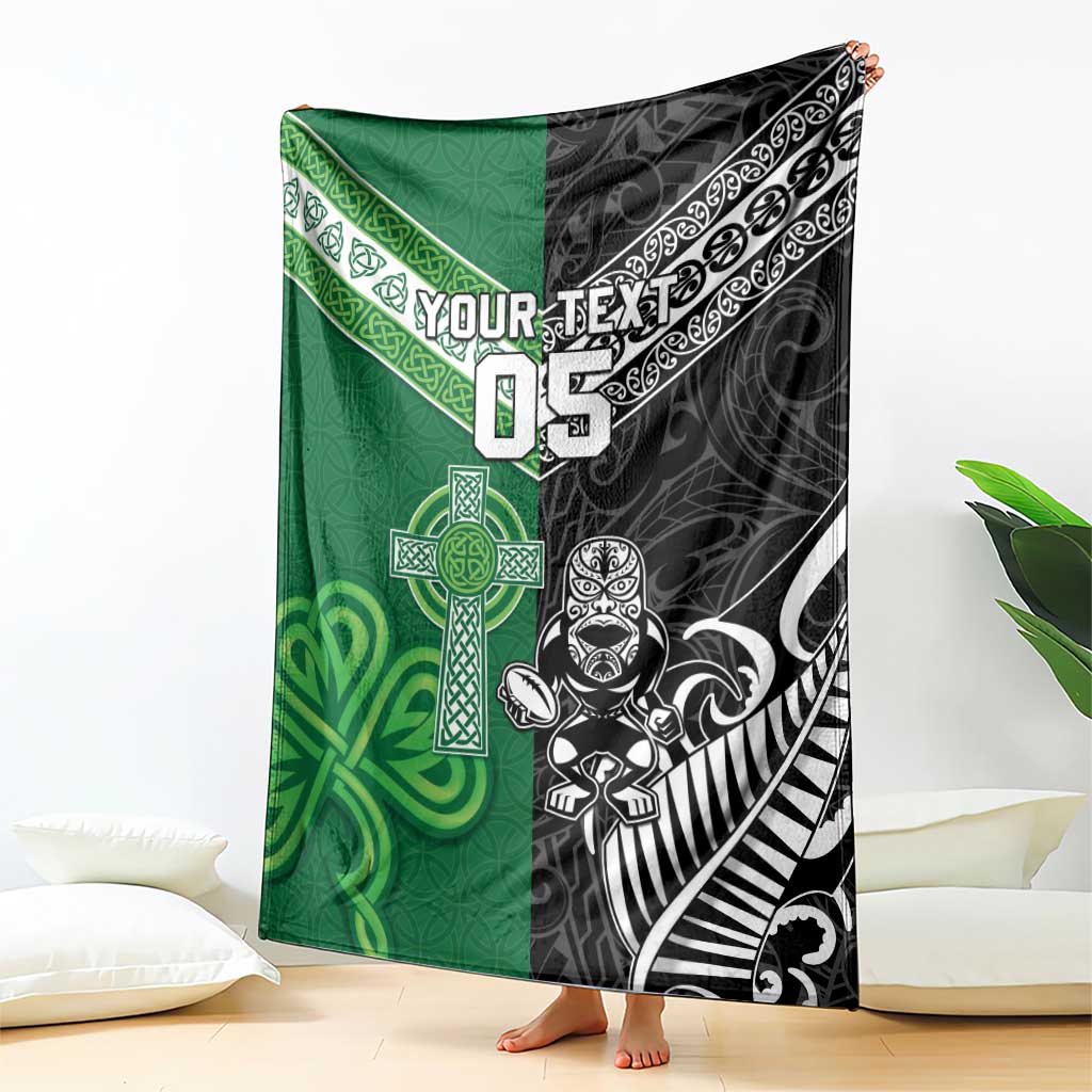 New Zealand And Ireland Rugby Custom Blanket Maori Tiki With Shamrock