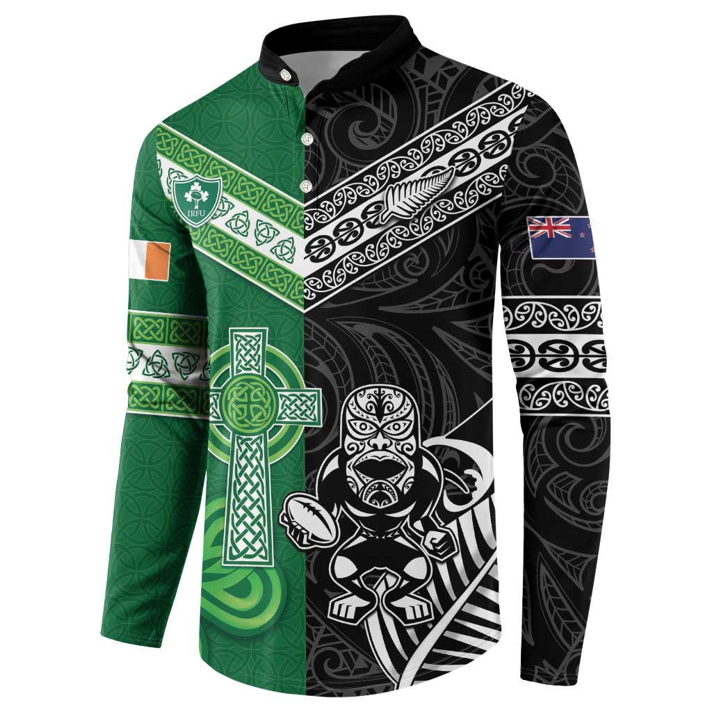 New Zealand And Ireland Rugby Custom Button Sweatshirt Maori Tiki With Shamrock
