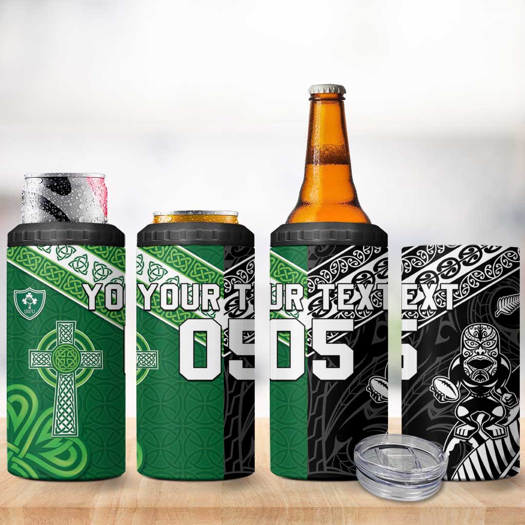 New Zealand And Ireland Rugby Custom 4 in 1 Can Cooler Tumbler Maori Tiki With Shamrock