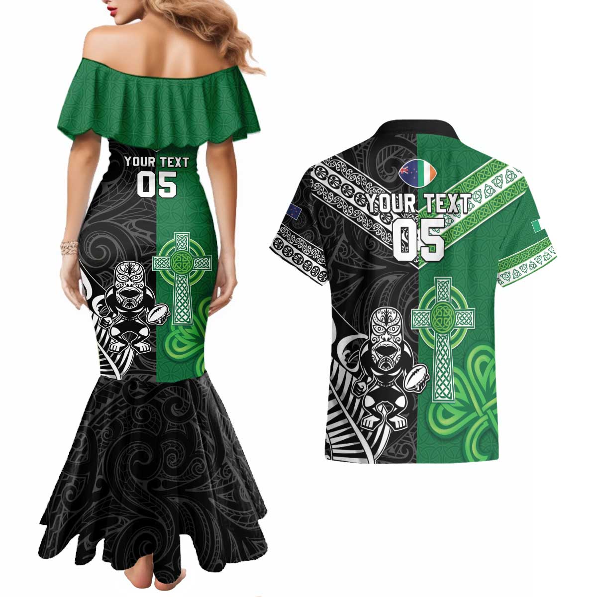 New Zealand And Ireland Rugby Custom Couples Matching Mermaid Dress and Hawaiian Shirt Maori Tiki With Shamrock