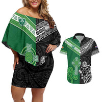 New Zealand And Ireland Rugby Custom Couples Matching Off Shoulder Short Dress and Hawaiian Shirt Maori Tiki With Shamrock