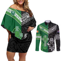 New Zealand And Ireland Rugby Custom Couples Matching Off Shoulder Short Dress and Long Sleeve Button Shirt Maori Tiki With Shamrock