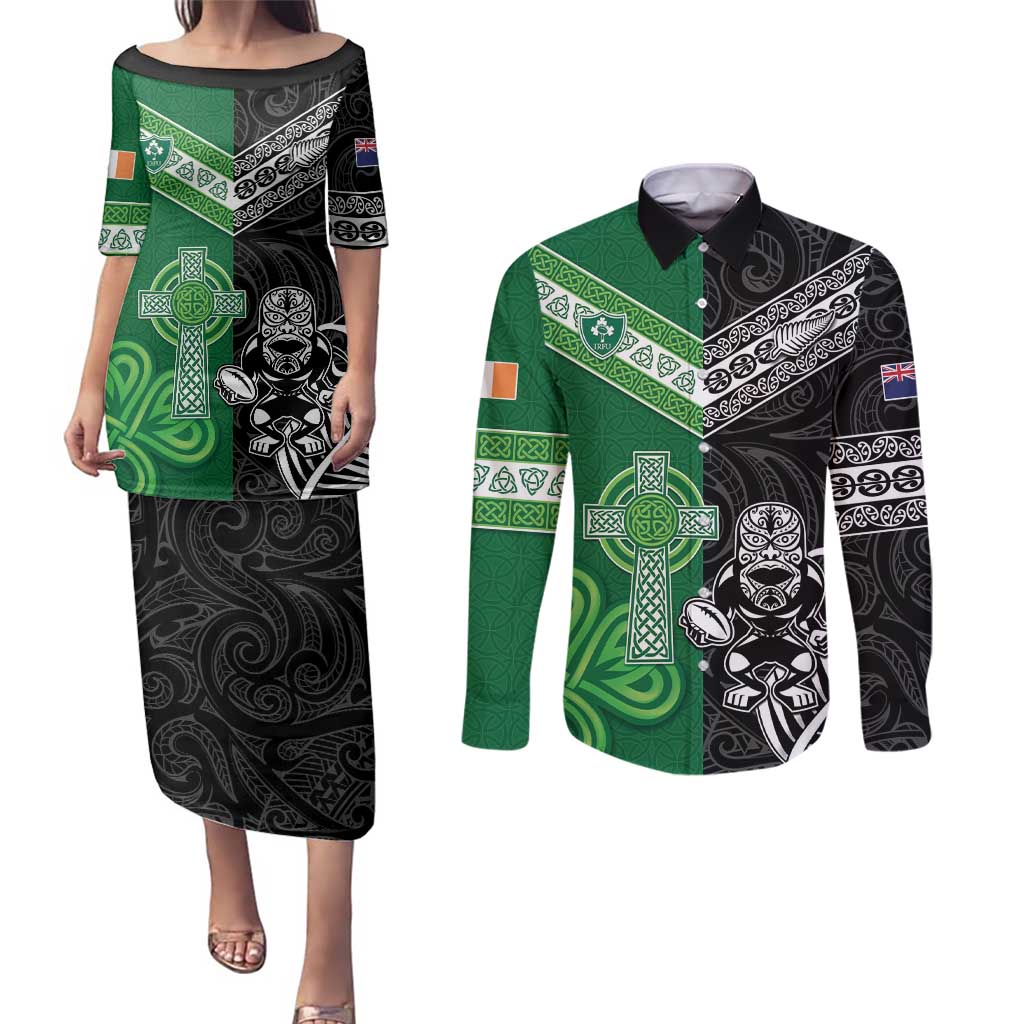 New Zealand And Ireland Rugby Custom Couples Matching Puletasi and Long Sleeve Button Shirt Maori Tiki With Shamrock