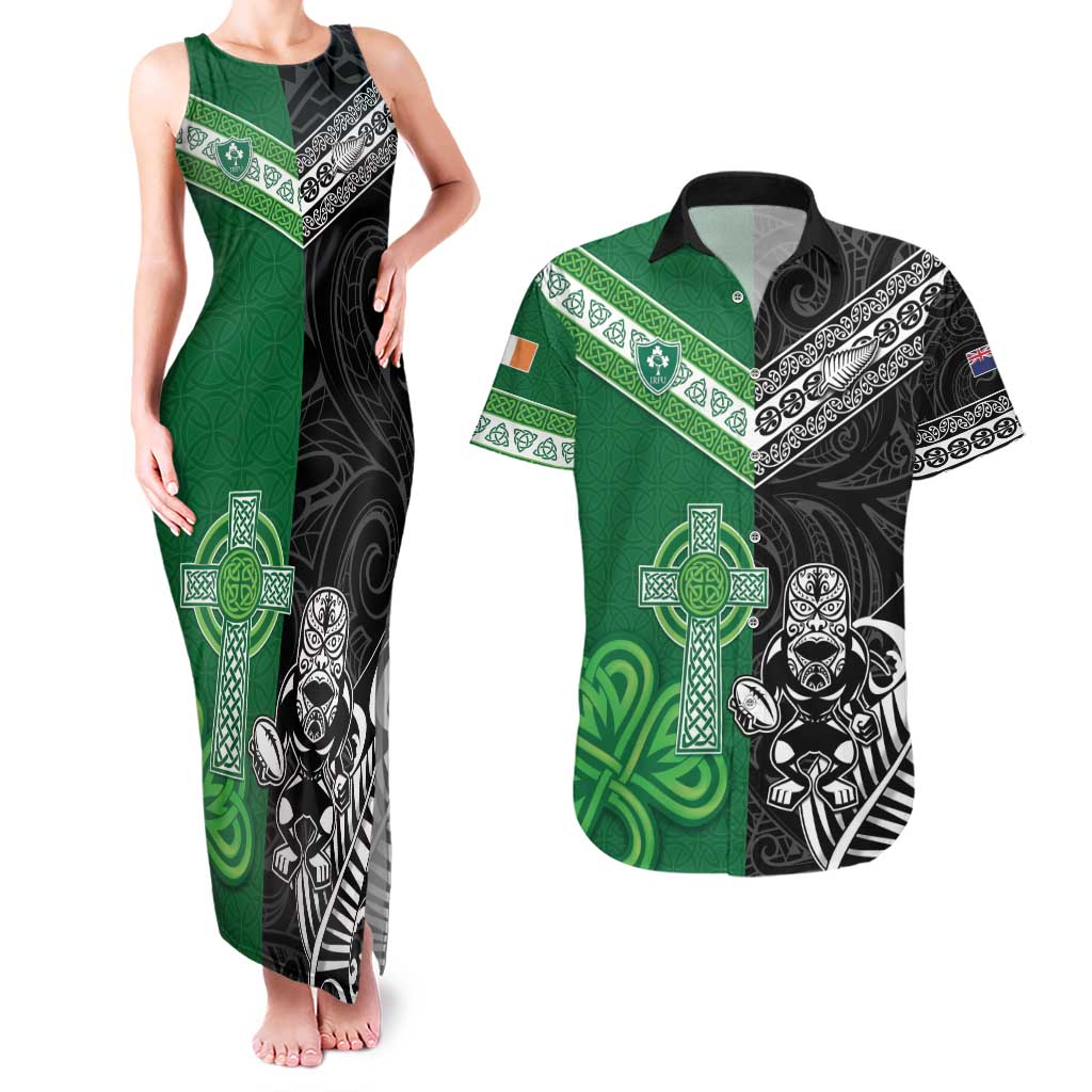 New Zealand And Ireland Rugby Custom Couples Matching Tank Maxi Dress and Hawaiian Shirt Maori Tiki With Shamrock