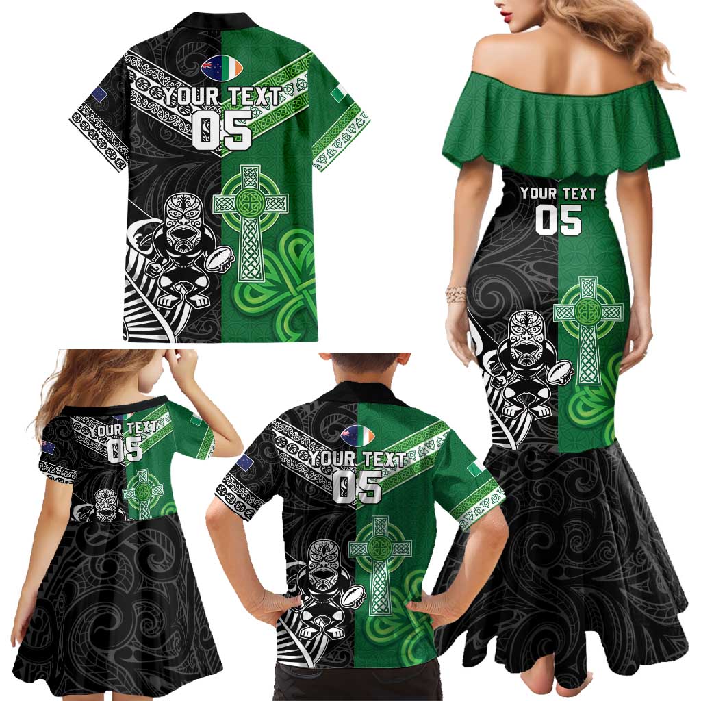 New Zealand And Ireland Rugby Custom Family Matching Mermaid Dress and Hawaiian Shirt Maori Tiki With Shamrock