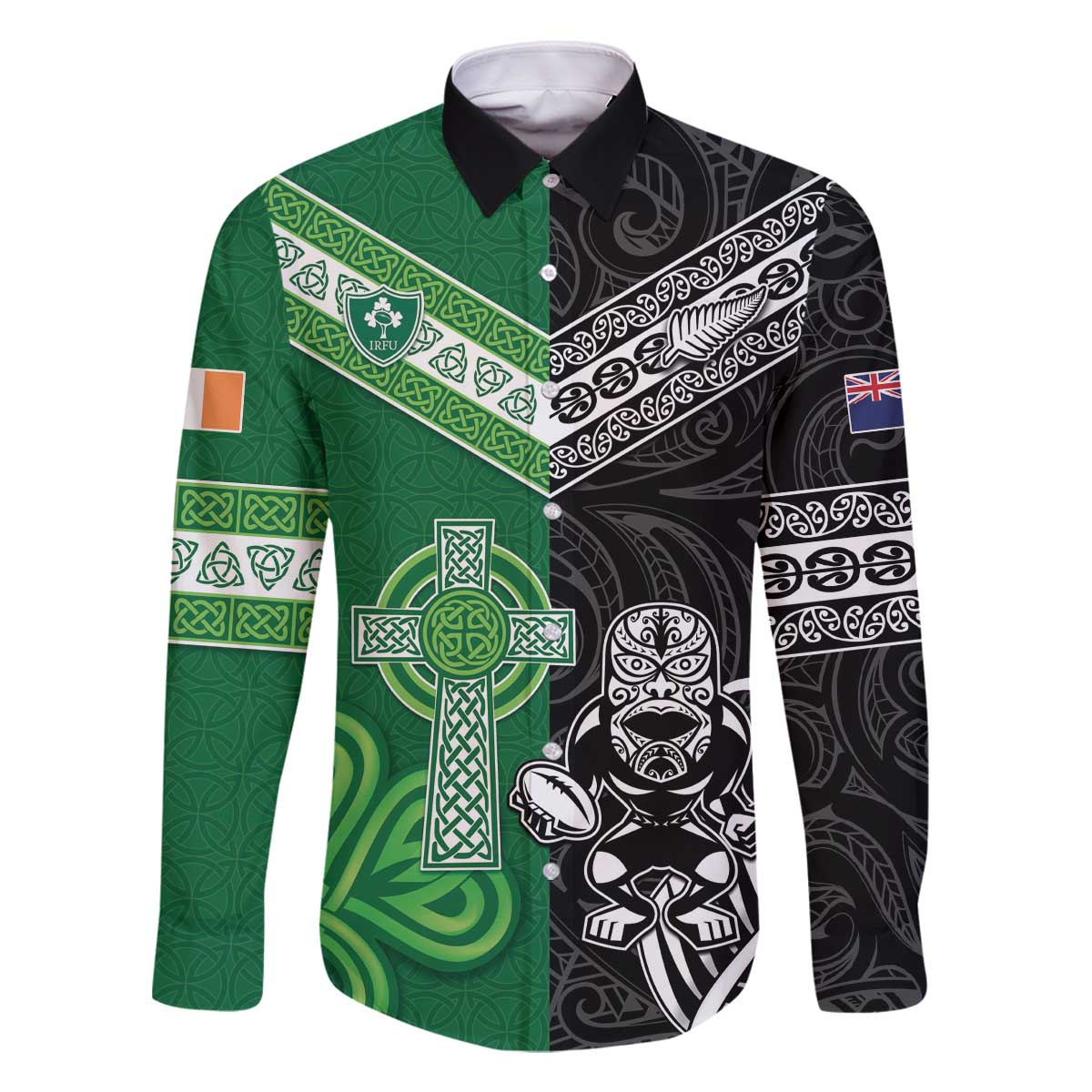 New Zealand And Ireland Rugby Custom Family Matching Off The Shoulder Long Sleeve Dress and Hawaiian Shirt Maori Tiki With Shamrock