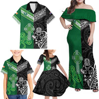 New Zealand And Ireland Rugby Custom Family Matching Off Shoulder Maxi Dress and Hawaiian Shirt Maori Tiki With Shamrock