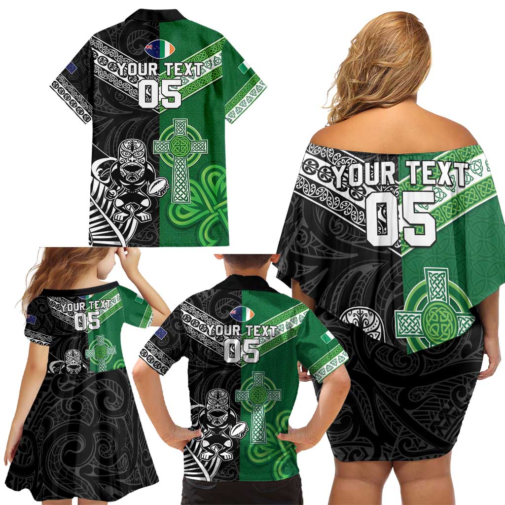 New Zealand And Ireland Rugby Custom Family Matching Off Shoulder Short Dress and Hawaiian Shirt Maori Tiki With Shamrock