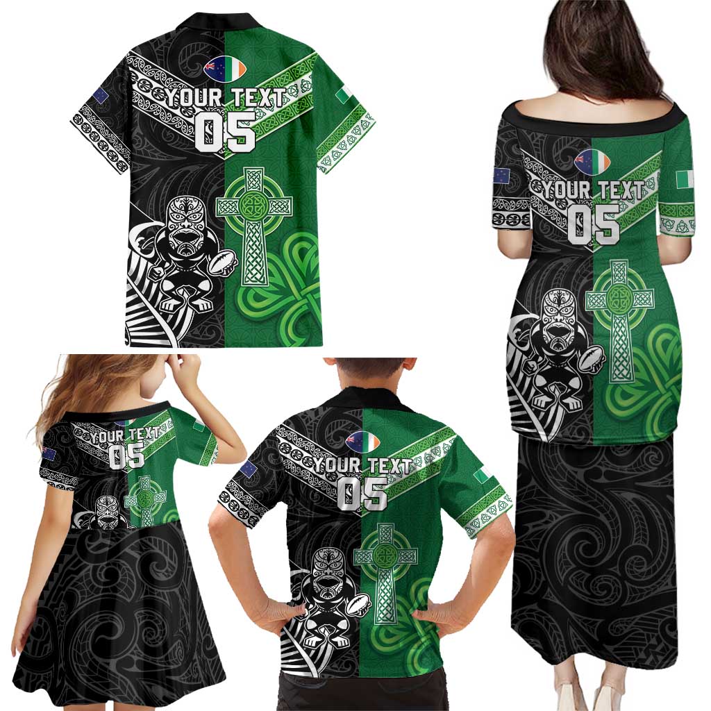 New Zealand And Ireland Rugby Custom Family Matching Puletasi and Hawaiian Shirt Maori Tiki With Shamrock