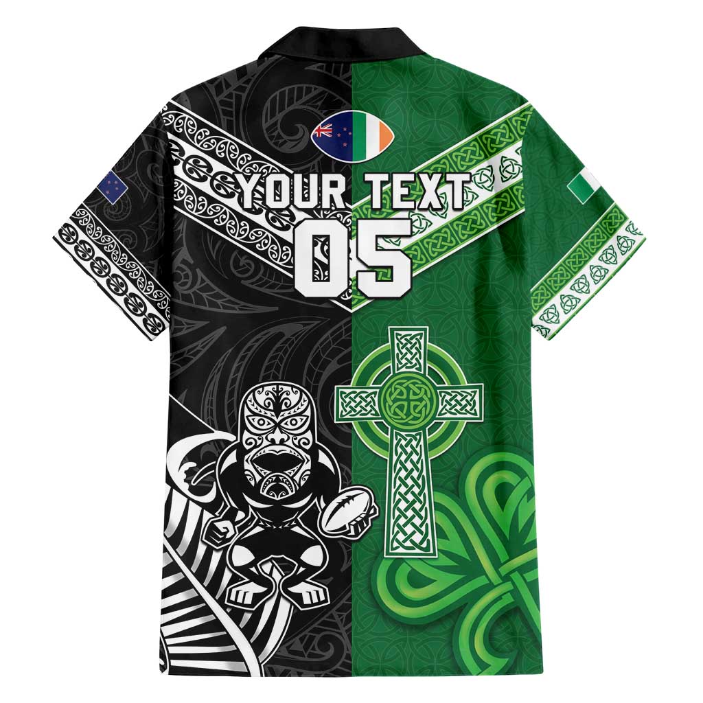 New Zealand And Ireland Rugby Custom Family Matching Short Sleeve Bodycon Dress and Hawaiian Shirt Maori Tiki With Shamrock