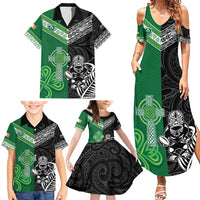New Zealand And Ireland Rugby Custom Family Matching Summer Maxi Dress and Hawaiian Shirt Maori Tiki With Shamrock